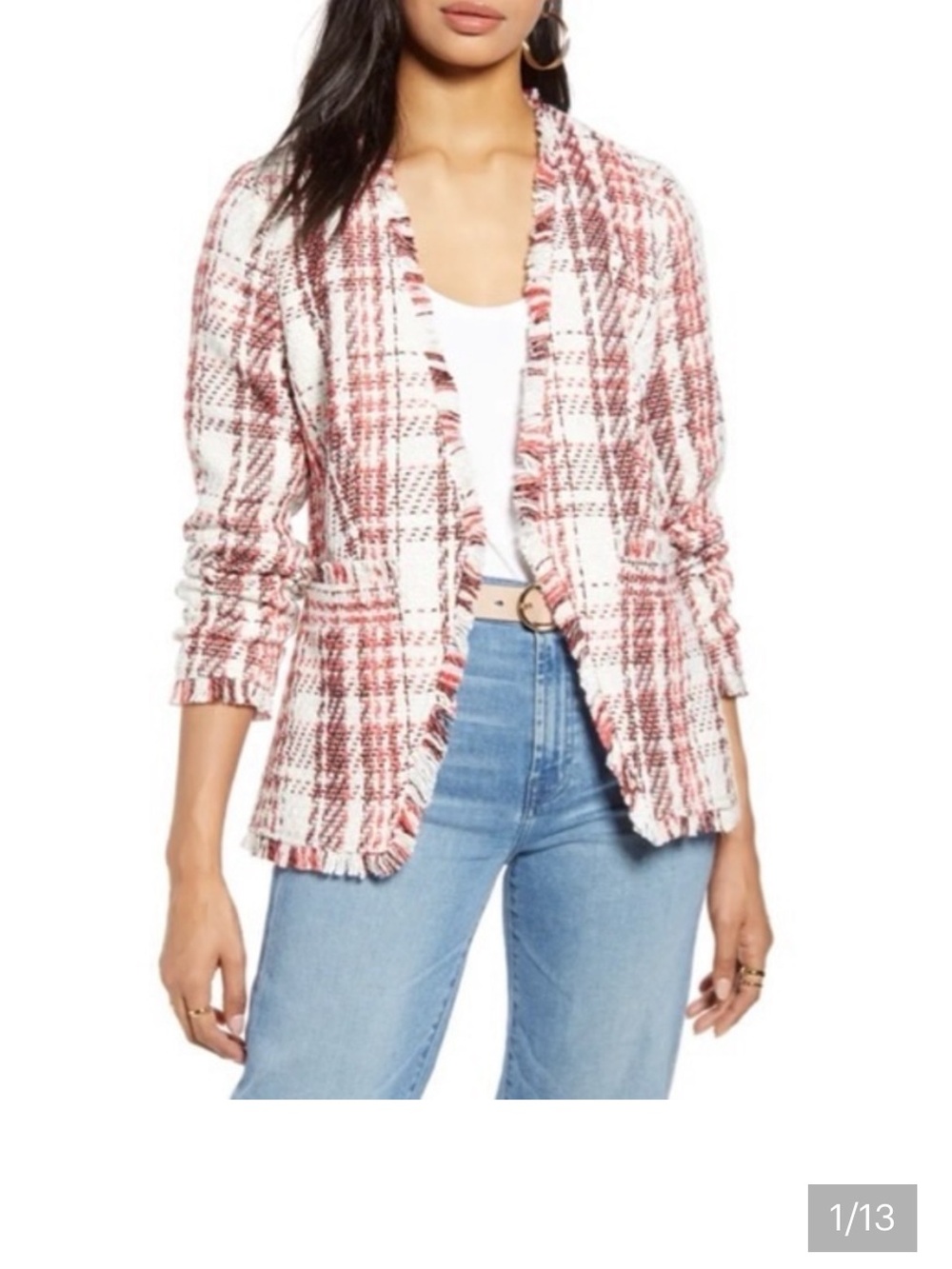 Halogen Open Front Coral Ivory Tweed Jacket